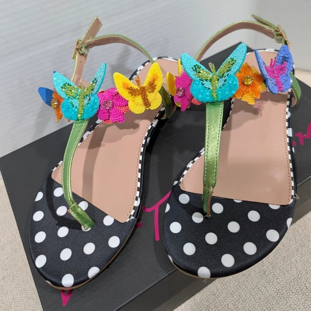 Betsey Johnson Halie Butterfly Floral Polka Dot Sandals Black Multi Size 7 NIB